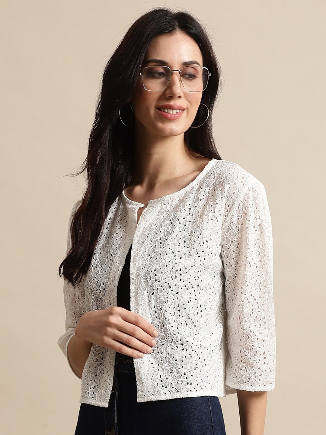 

UnaOne Women Self Design Cotton Lace Shrug, Off white