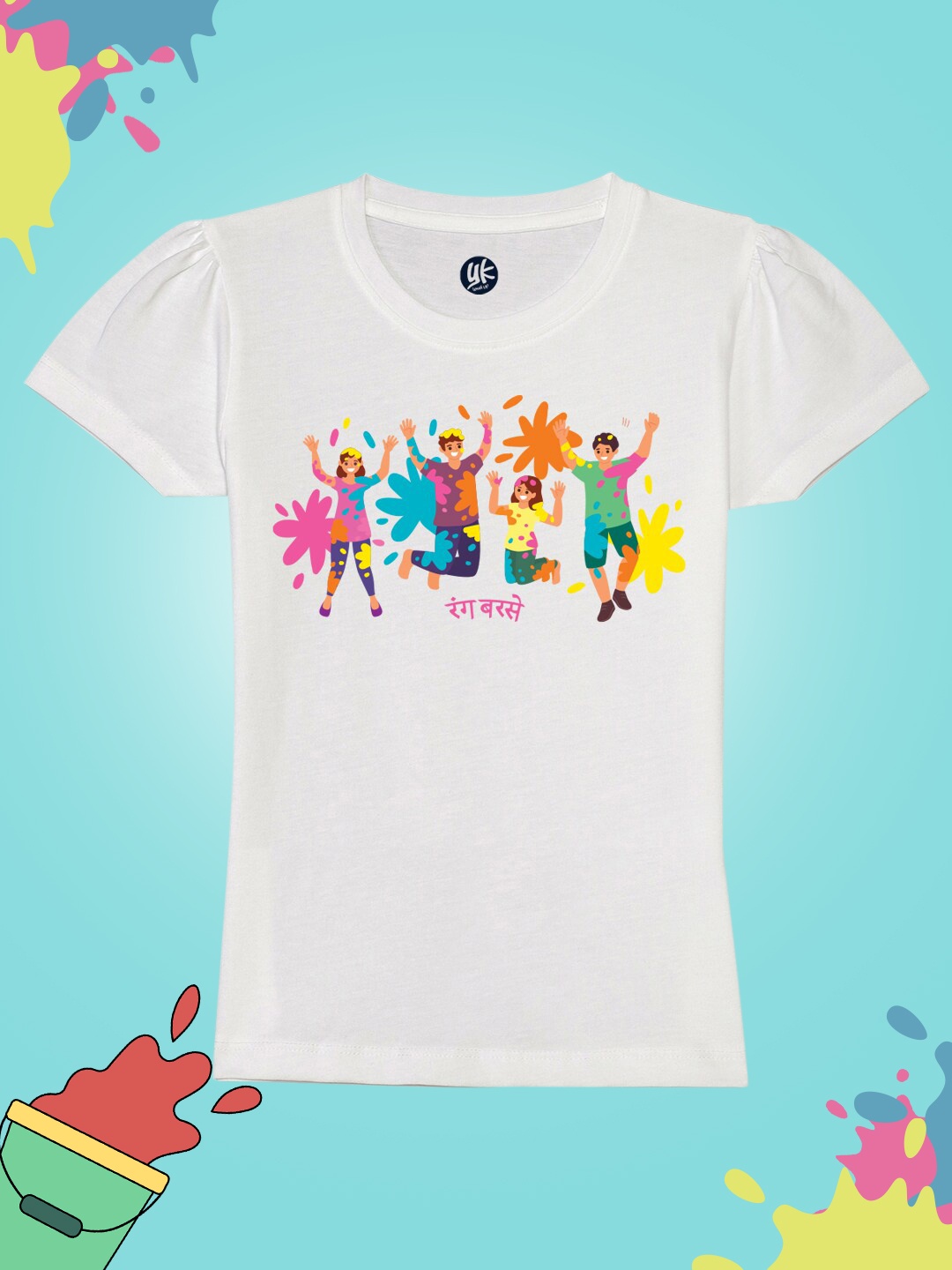 

YK Girls White Printed V-Neck Extended Sleeves Applique Outdoor T-shirt