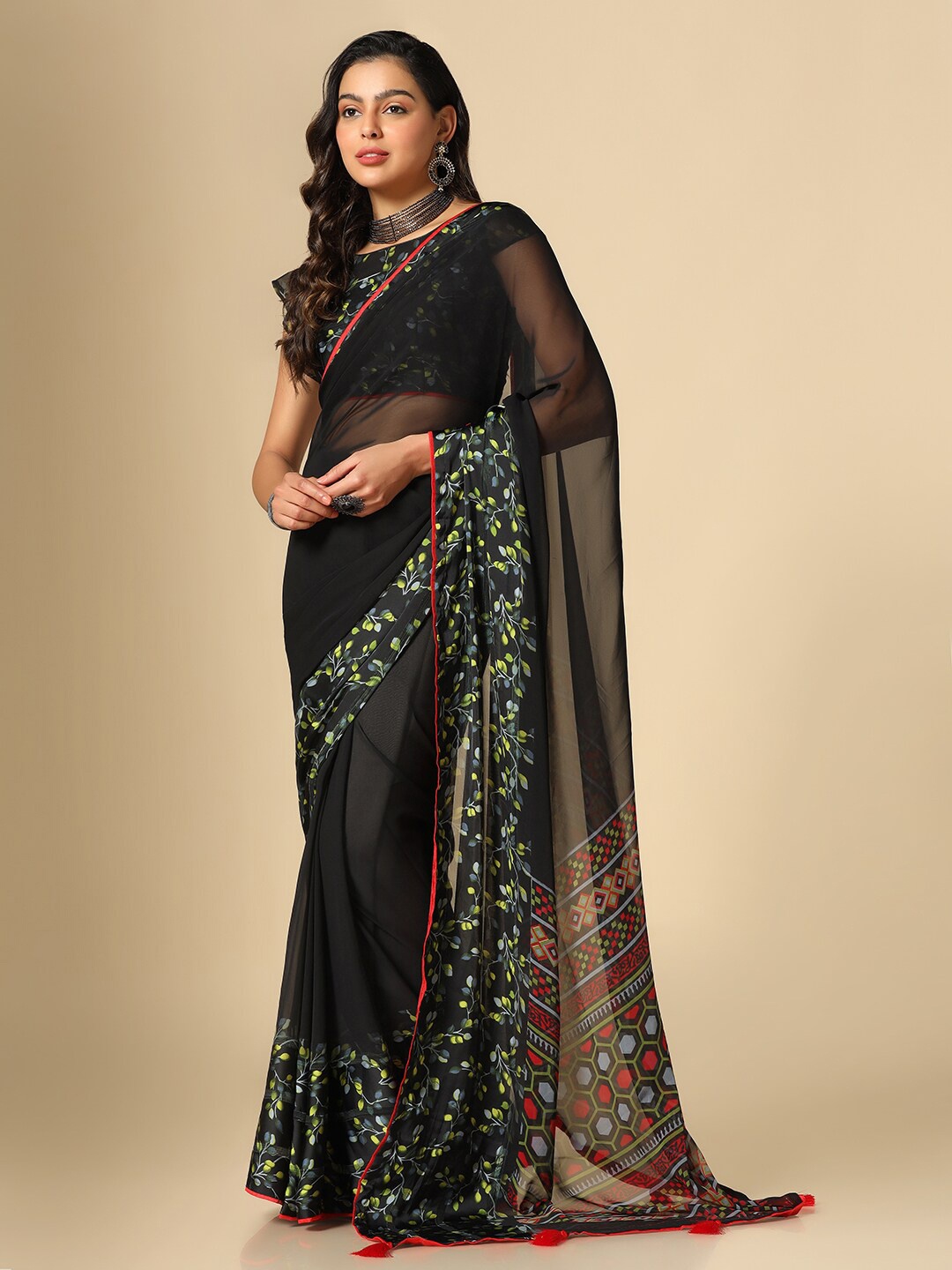 

Mitera Floral Printed Saree, Black