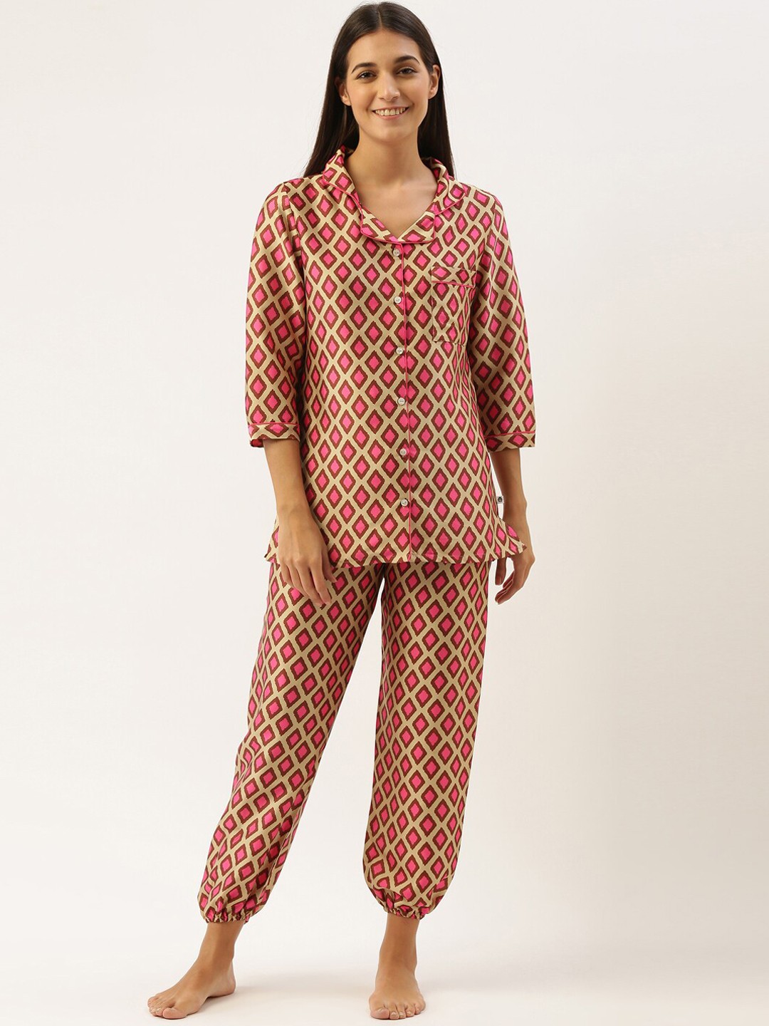

Bannos Swagger Geometric Printed Satin Night Suit, Brown