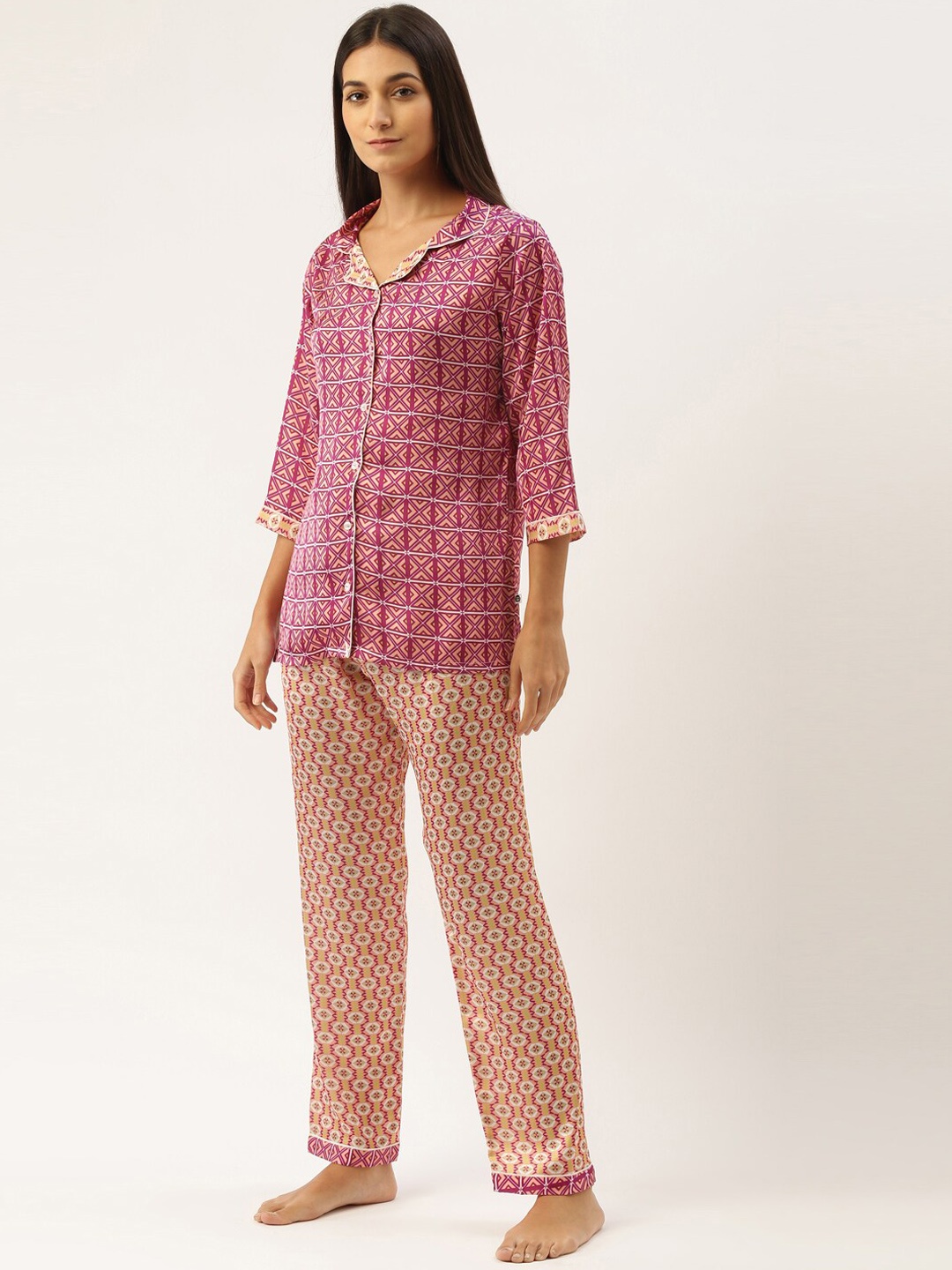 

Bannos Swagger Geometric Printed Satin Night Suit, Pink