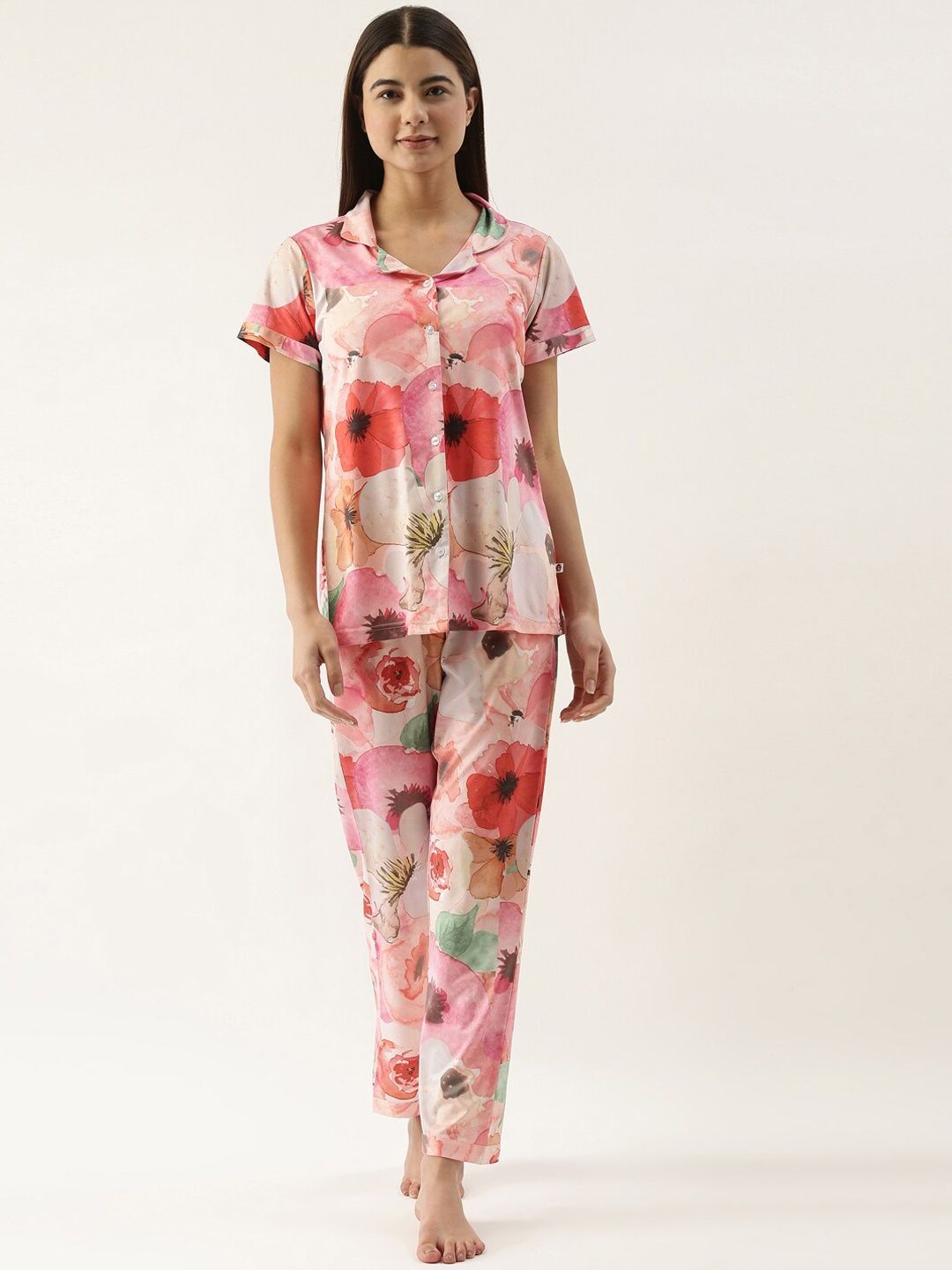 

Bannos Swagger Floral Printed Night Suit, Pink