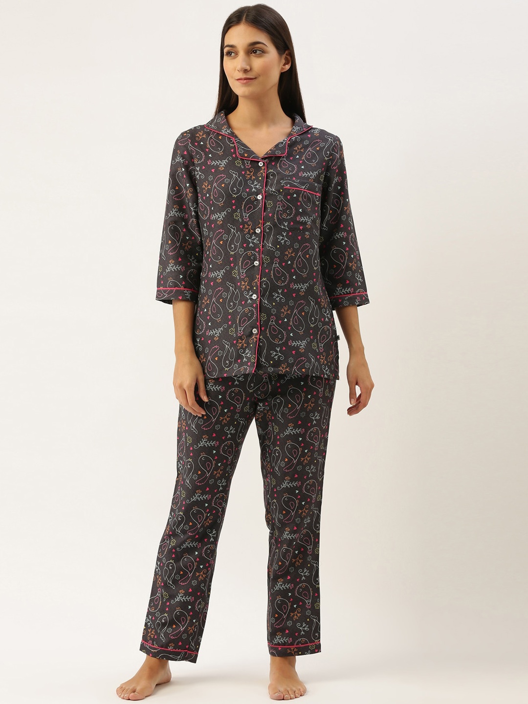 

Bannos Swagger Conversational Printed Night Suit, Black