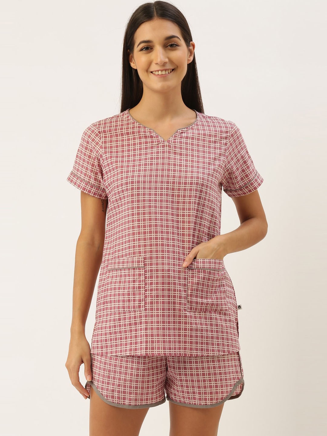 

Bannos Swagger Checked Pure Cotton Night Suit, Pink