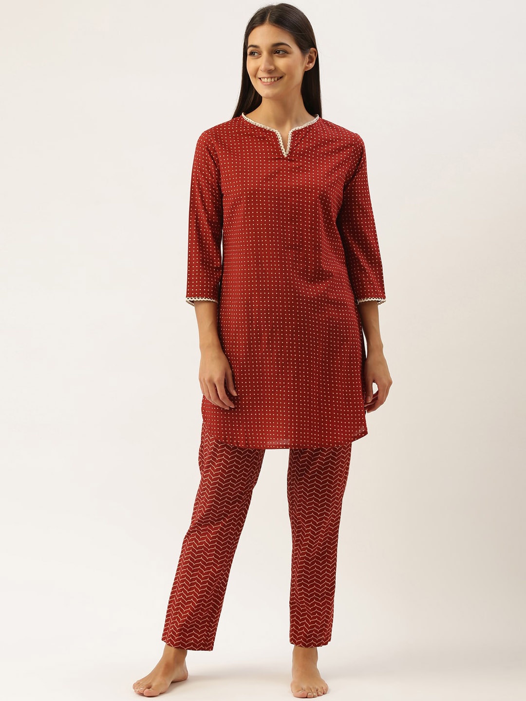 

Bannos Swagger Polka Dots Printed Round Neck Pure Cotton Night Suit, Red