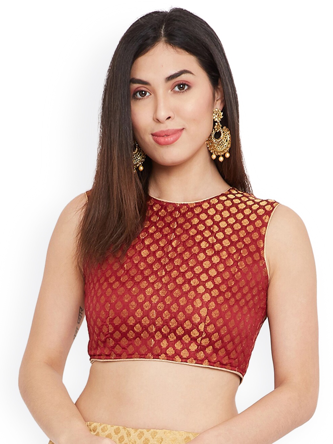 

TULIP 21 Woven Design Styled Back Sleeveless Pure Silk Saree Blouse, Maroon