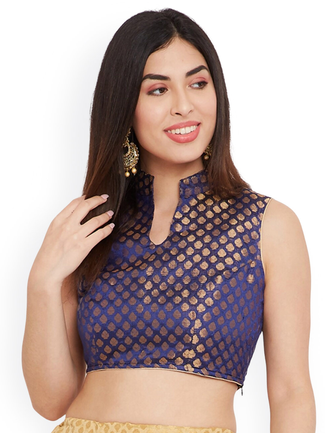 

TULIP 21 Woven Design Mandarin Collared Sleeveless Silk Saree Blouse, Navy blue