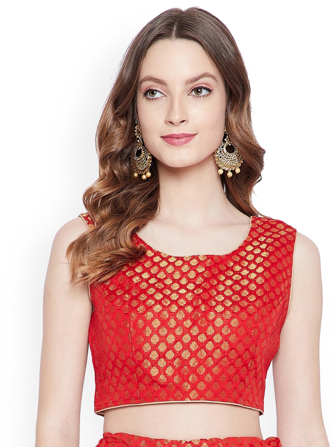 

Tulip 21 Woven Design Sleeveless Dori & Tessle design Silk Blouse, Red