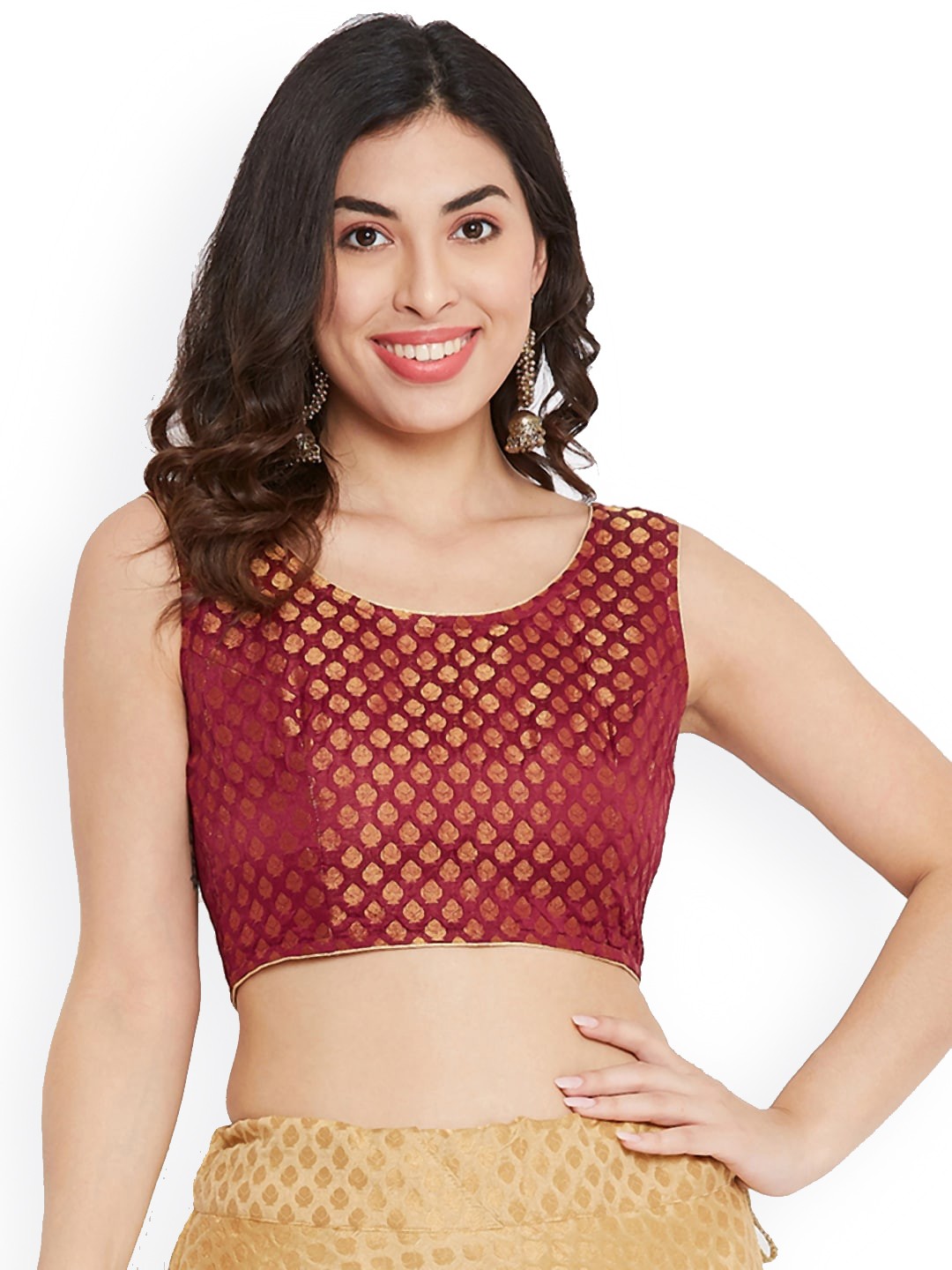 

TULIP 21 Woven Design Styled Back Sleeveless Silk Saree Blouse, Maroon