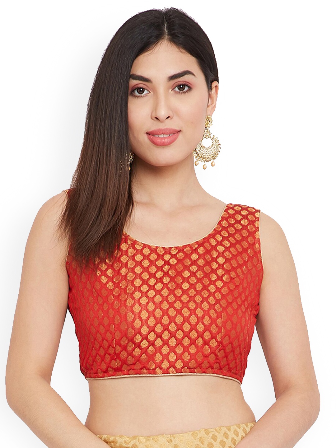 

TULIP 21 Woven Design Styled Back Sleeveless Silk Saree Blouse, Red