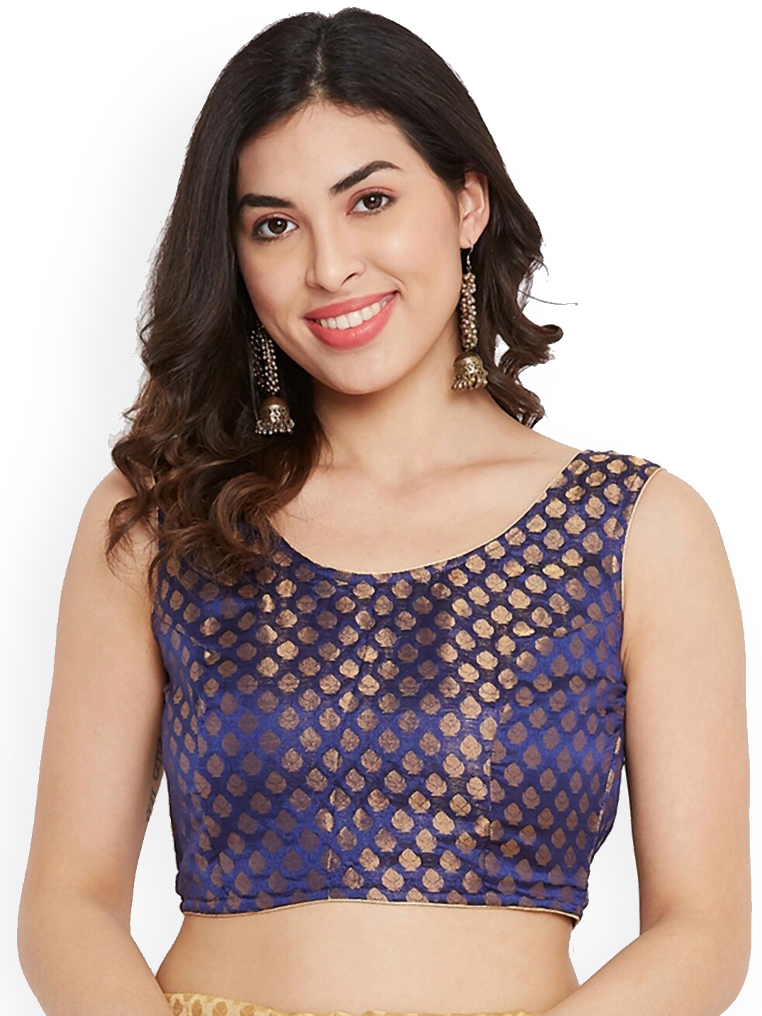

TULIP 21 Woven Design Styled Back Sleeveless Silk Saree Blouse, Navy blue