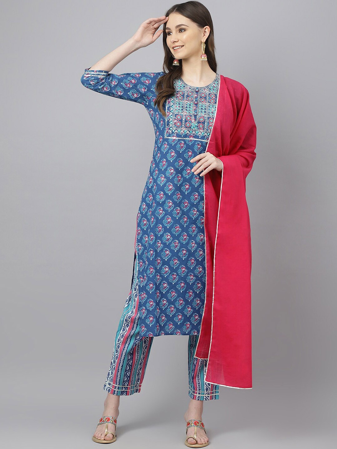 

JAIPUR ATTIRE Printed Mirror Work Pure Cotton Kurta With Trousers & Dupatta, Blue