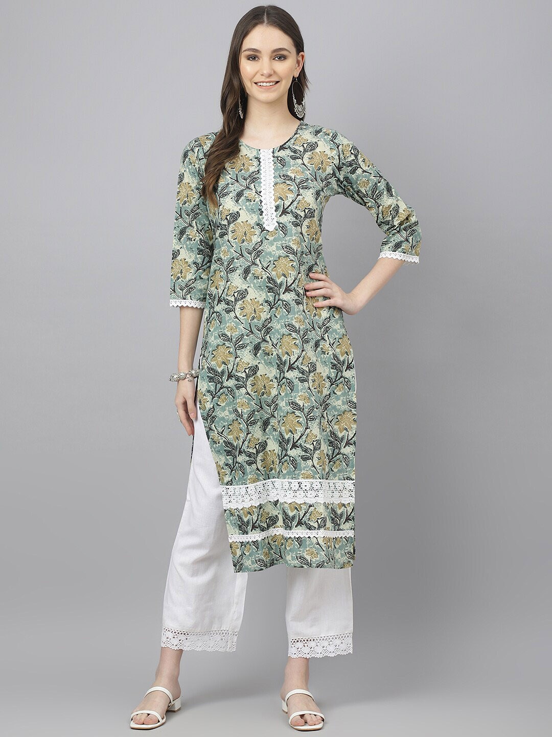 

JAIPUR ATTIRE Floral Printed Pure Cotton Kurta With Trousers, Grey