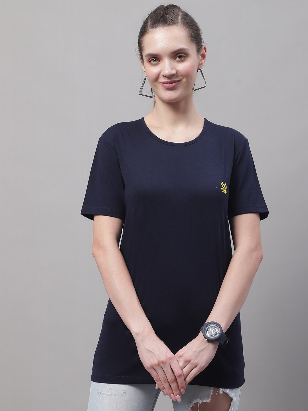 

MACK JONNEY Round Neck Longline Cotton T-shirt, Navy blue