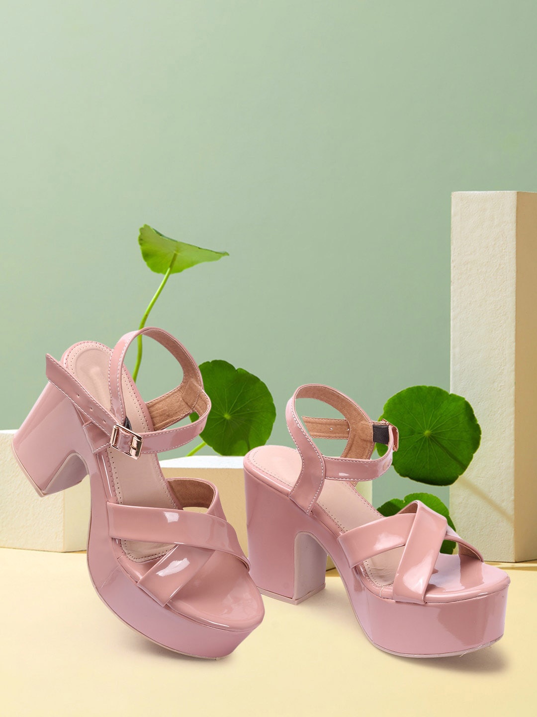 

RINDAS Open Toe Blocked Heels with Buckles, Pink