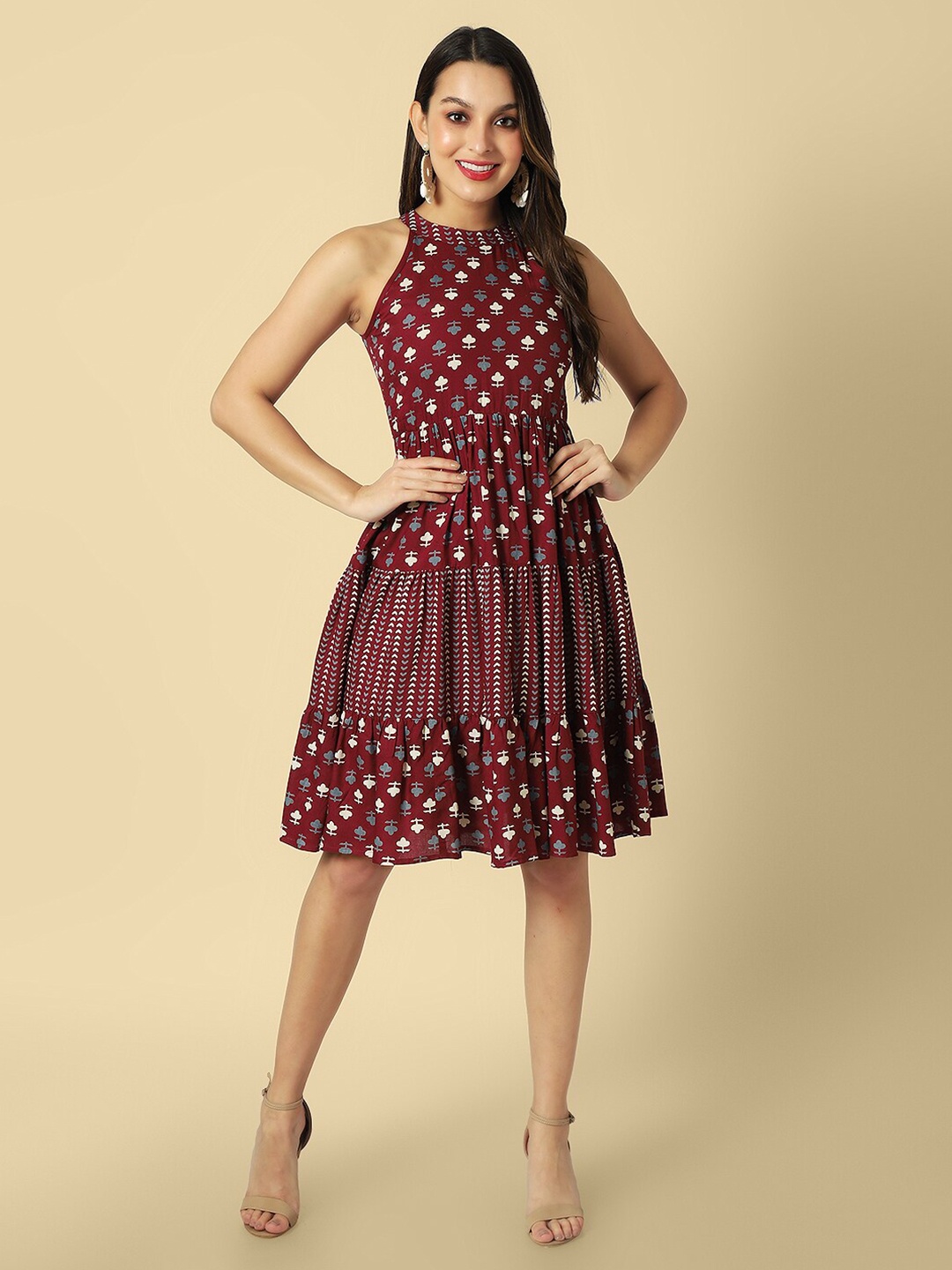 

DAEVISH Floral Printed Halter Neck Fit and Flared Dress, Maroon