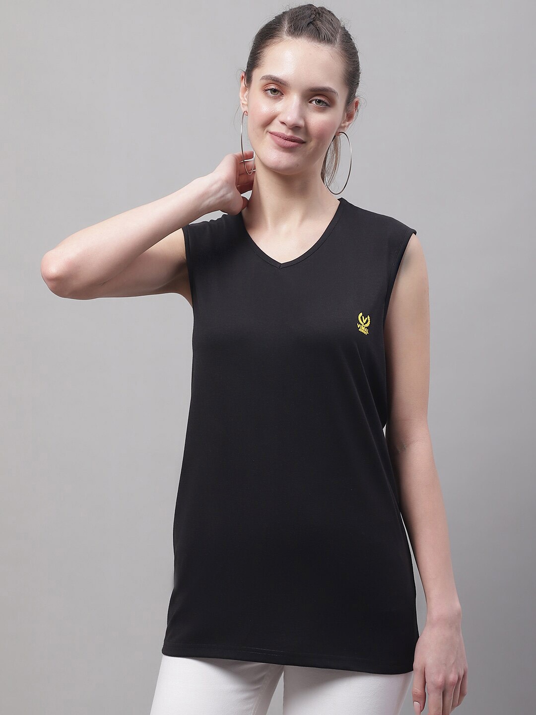 

MACK JONNEY Women V-Neck Sleeveless cotton T-shirt, Black