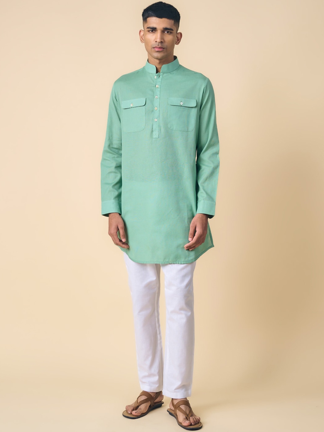 

Tasva Men Mandarin Collar Cotton Pathani Kurta, Sea green