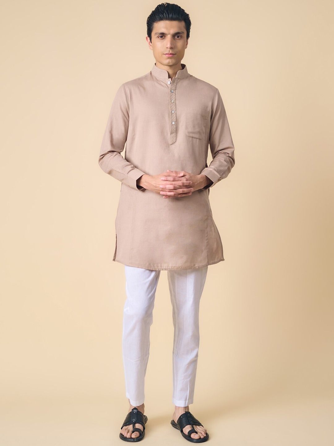 

Tasva Men Mandarin Collar Cotton Kurta, Beige