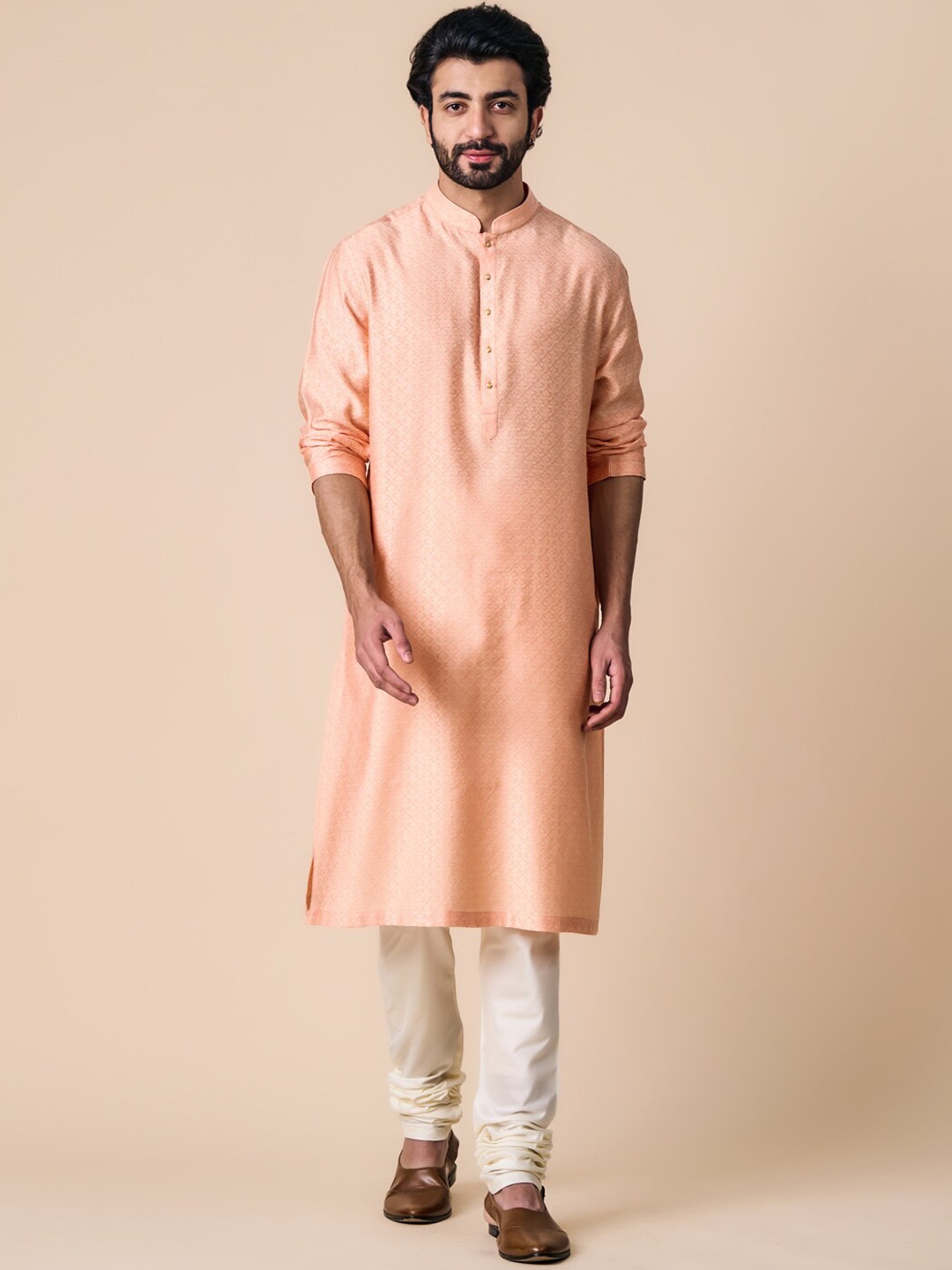

Tasva Woven design Mandarin collar Kurta with Churidar, Peach