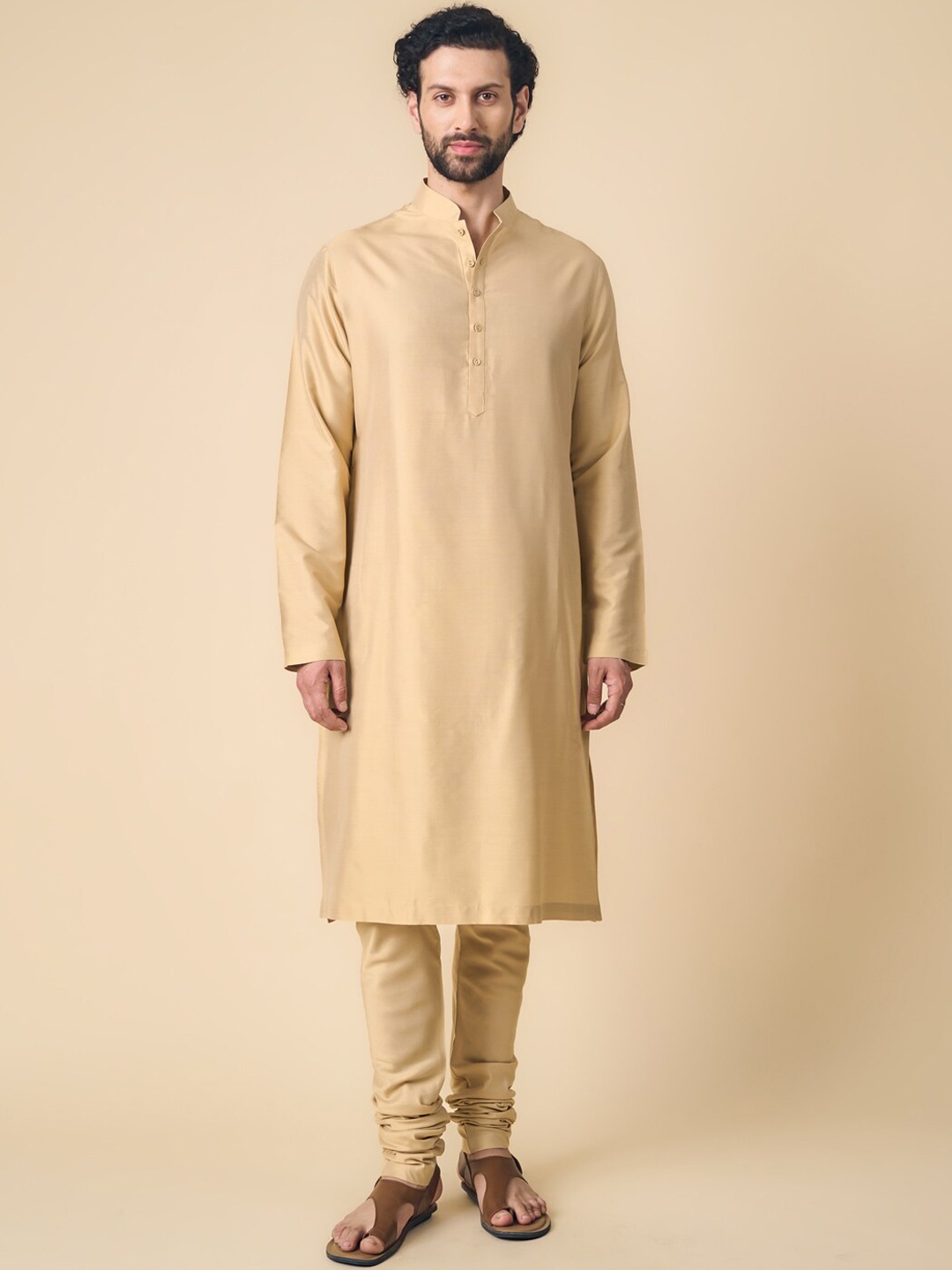 

Tasva Men Mandarin Collar Kurta with Pyjamas Set, Beige