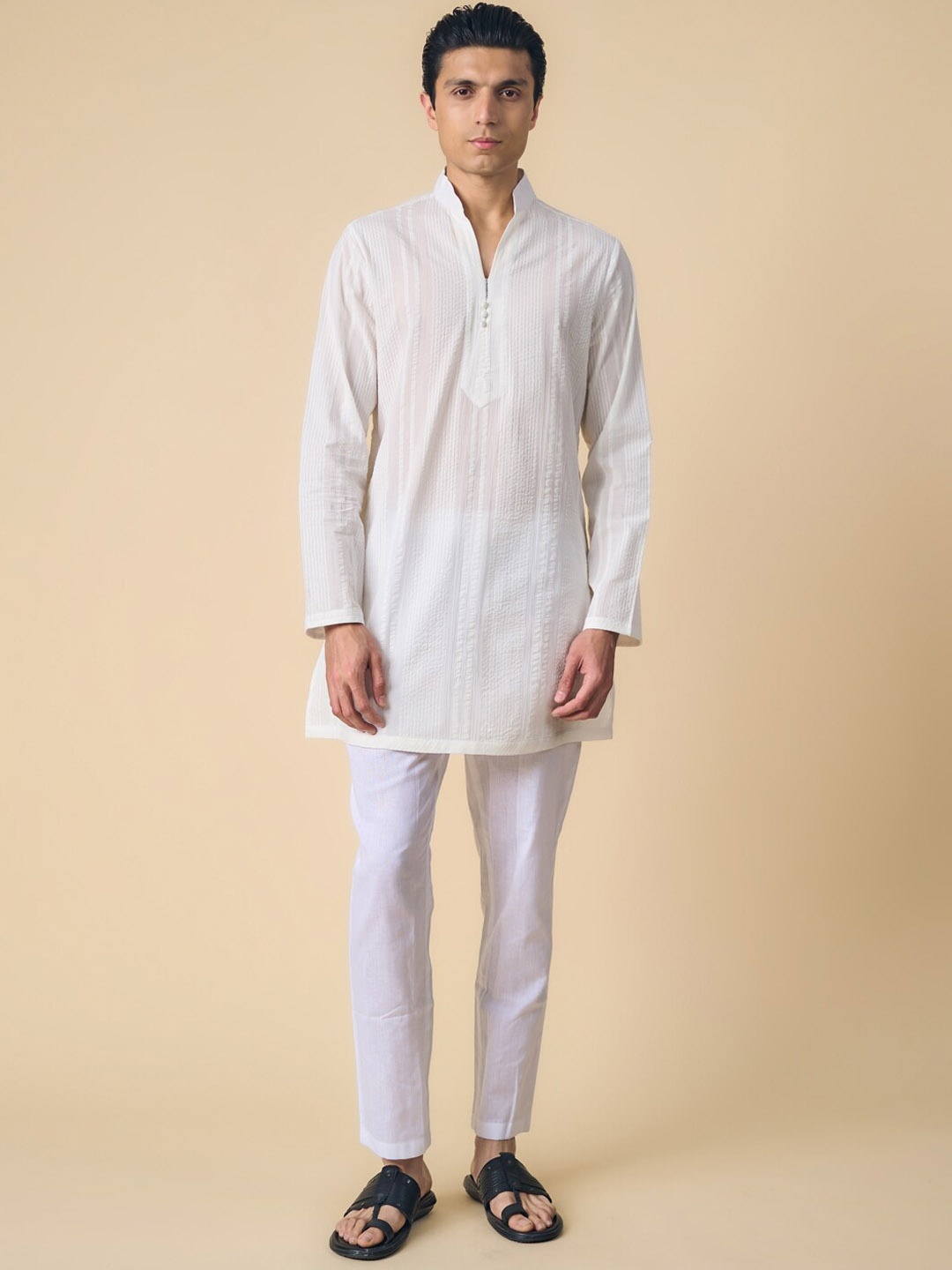 

Tasva Men Woven Striped Pure Cotton Kurta with Pyjamas Set, White