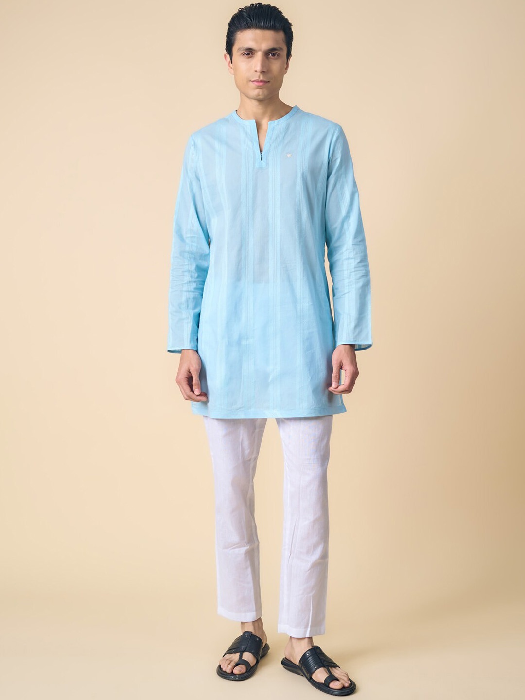 

Tasva Men Woven Design Striped Pure Cotton Kurta with Pyjamas Set, Blue