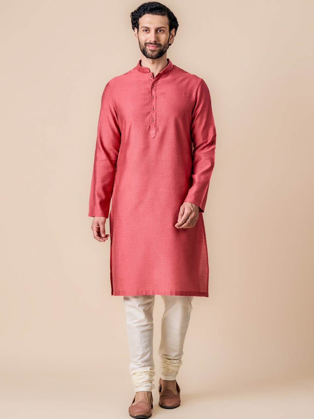 

Tasva Woven Design Straight Kurta with Churidar, Coral