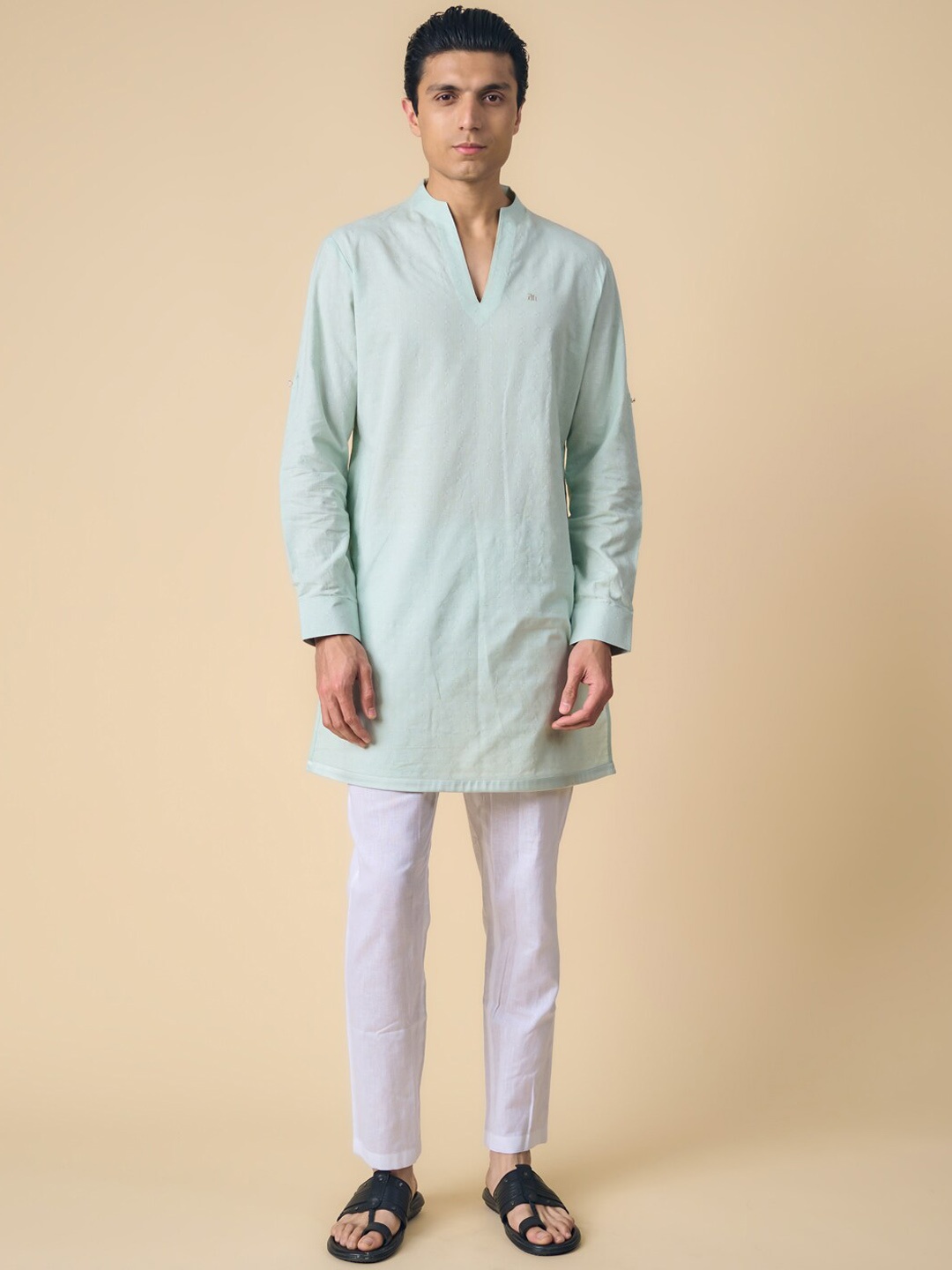

Tasva Men Woven Design Straight Pure Cotton Kurta with Pyjamas, Sea green