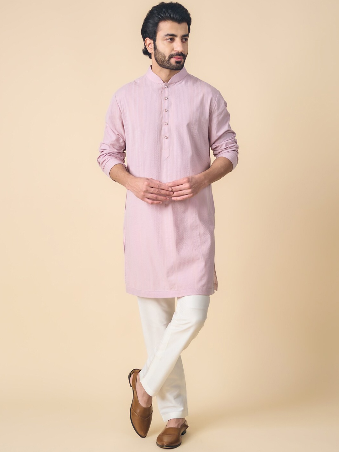 

Tasva Woven Design Straight Pure Cotton Kurta with Pyjamas, Lavender