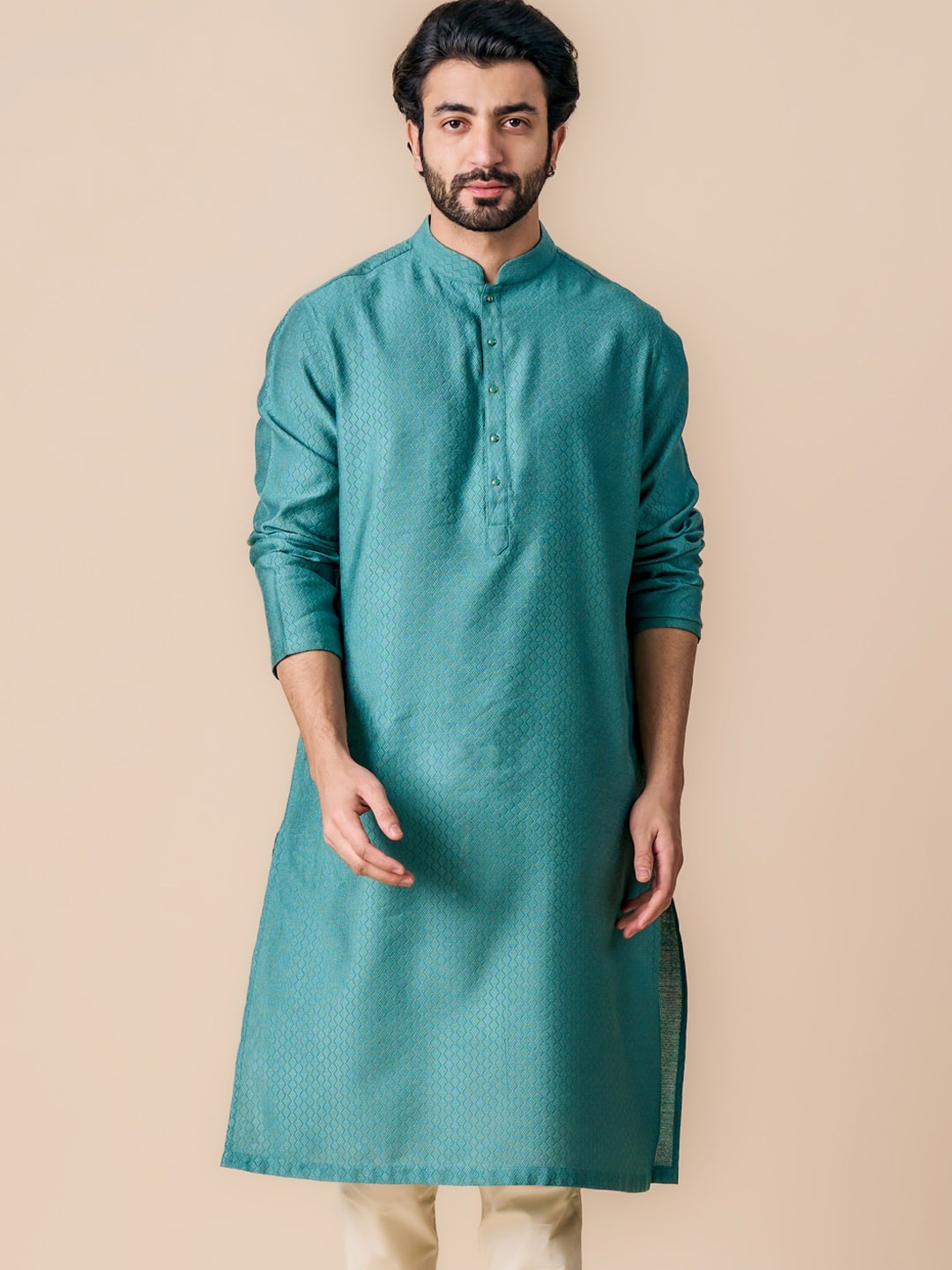 

Tasva Woven Design Straight Kurta with Churidar, Teal