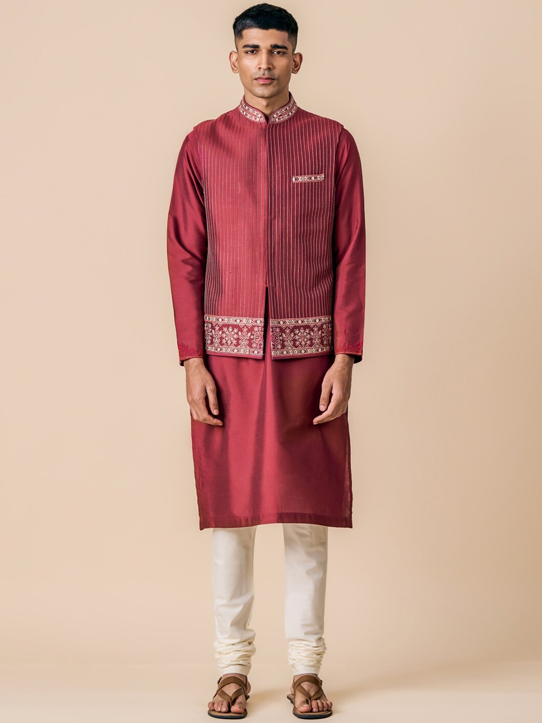 

Tasva Straight Kurta with Churidar & Nehru Jacket, Maroon