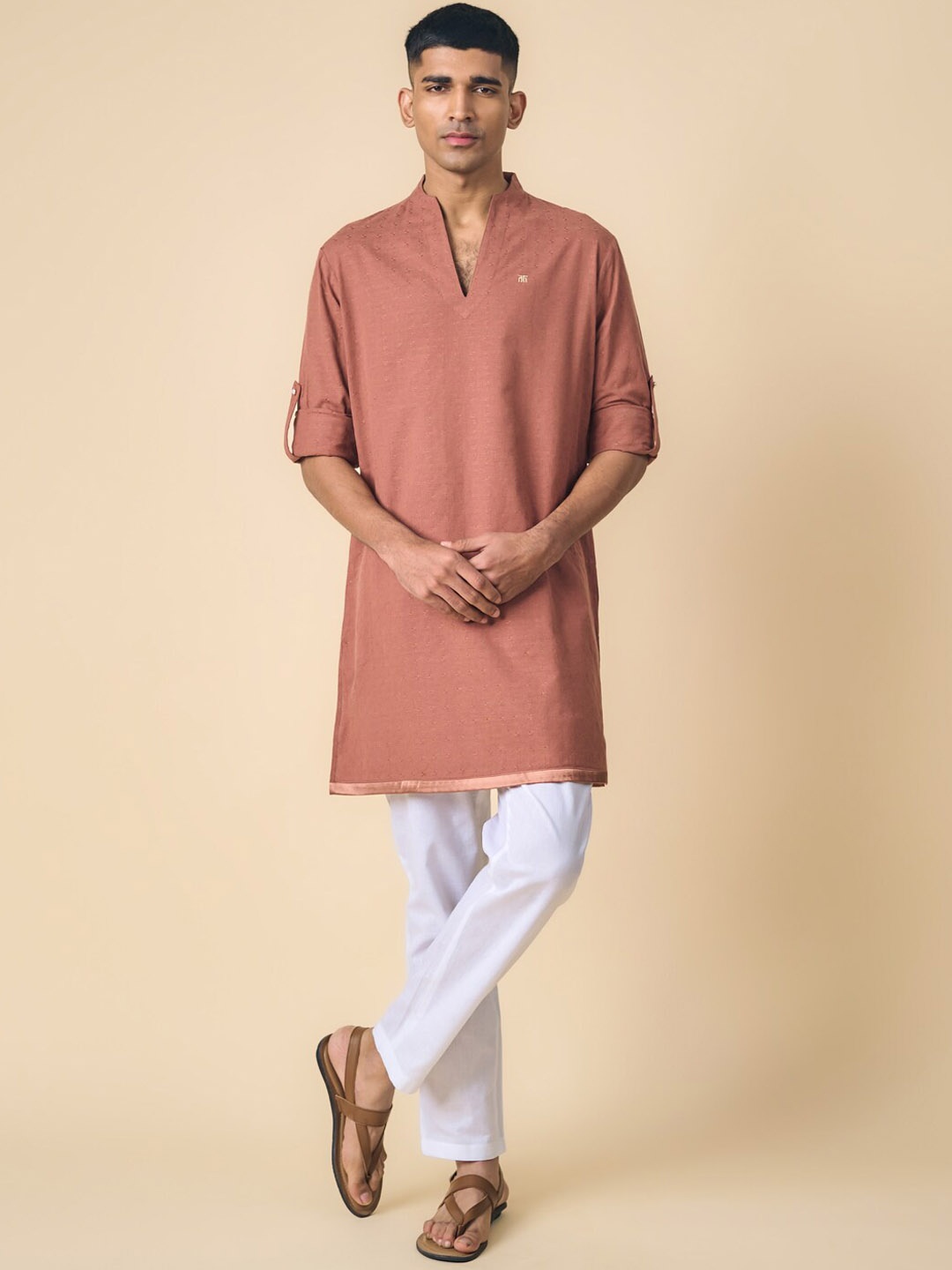 

Tasva Woven Design Straight Pure Cotton Kurta with Pyjamas, Rust