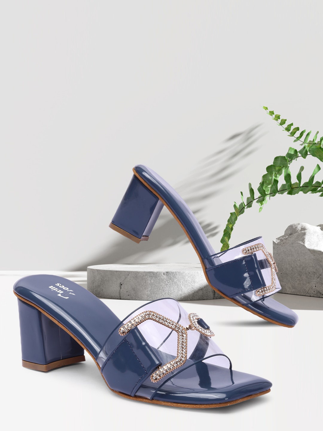 

RINDAS Embellished Mid-Top Square Toe Block Heels, Blue
