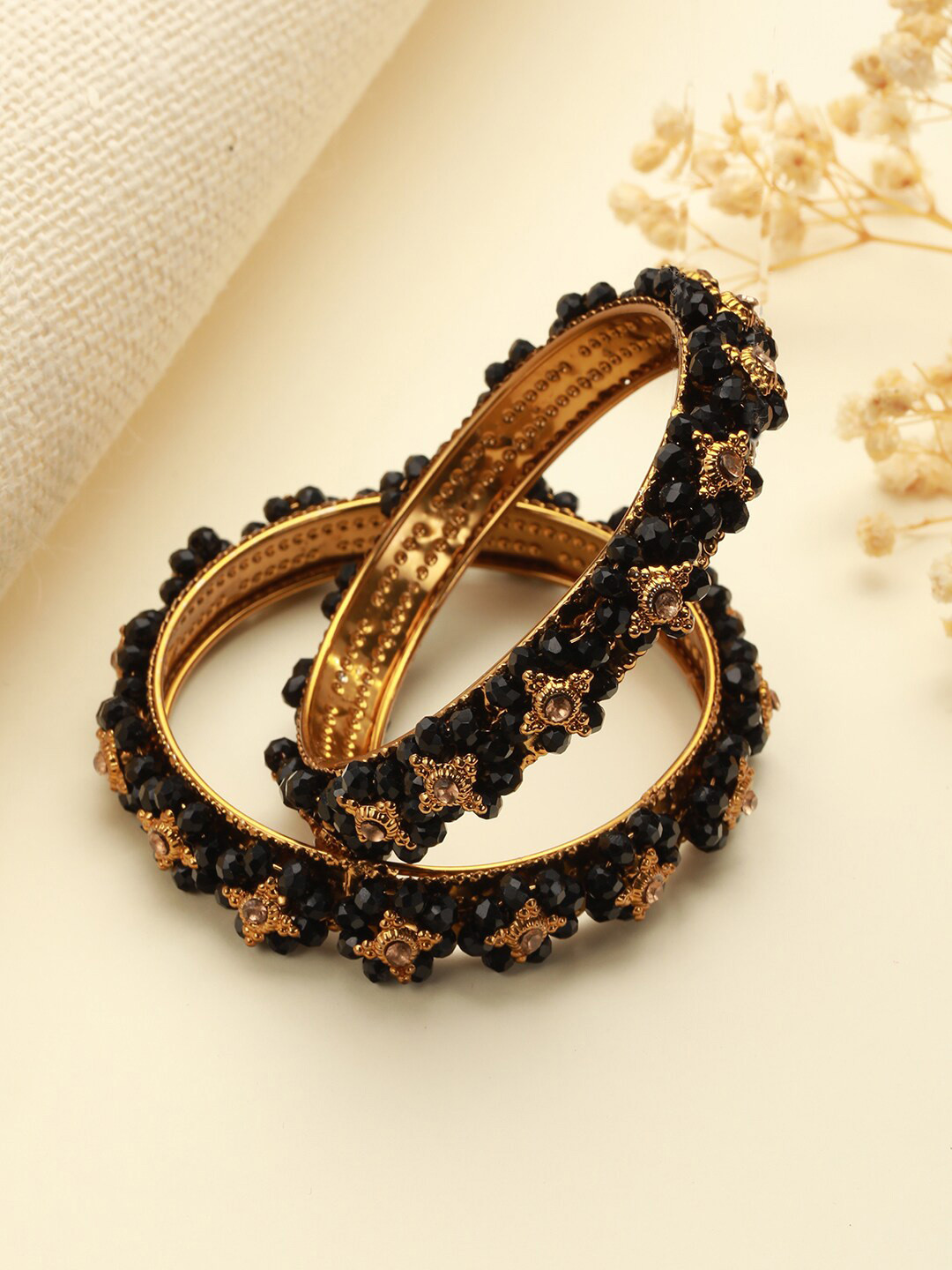 

Jazz and Sizzle Set Of 2 Gold-Plated Beaded Bangles, Black