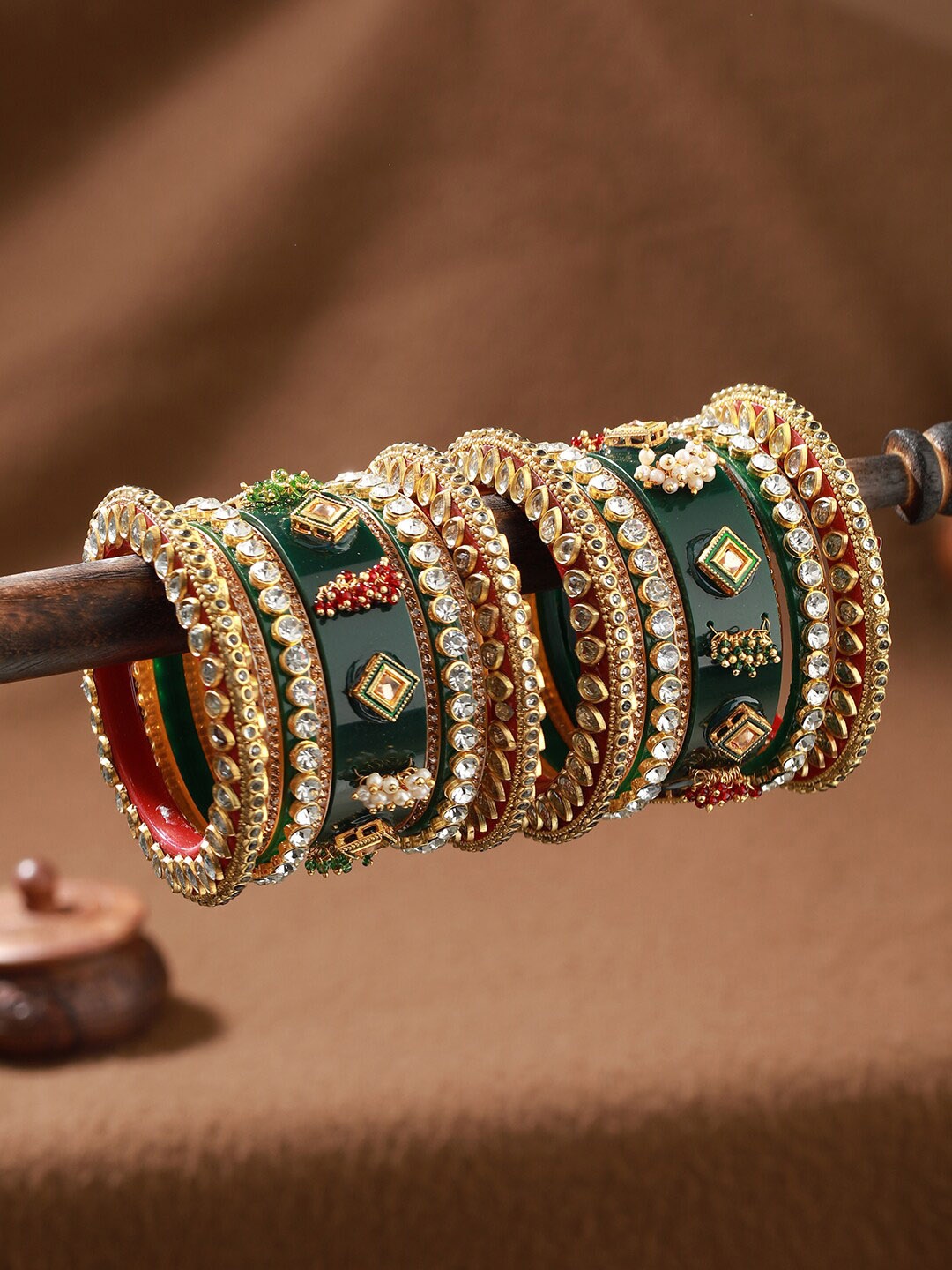 

Jazz and Sizzle Set of 18 Gold-Plated Stone-Studded & Beaded Chuda Bangles, Green