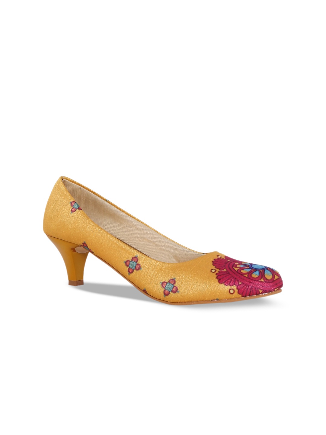 

Kanvas Printed Round Toe Closed Back Kitten Pumps, Yellow