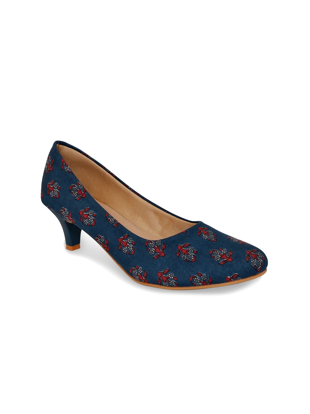 

Kanvas Printed Pointed Toe Closed Back Kitten Pumps, Blue