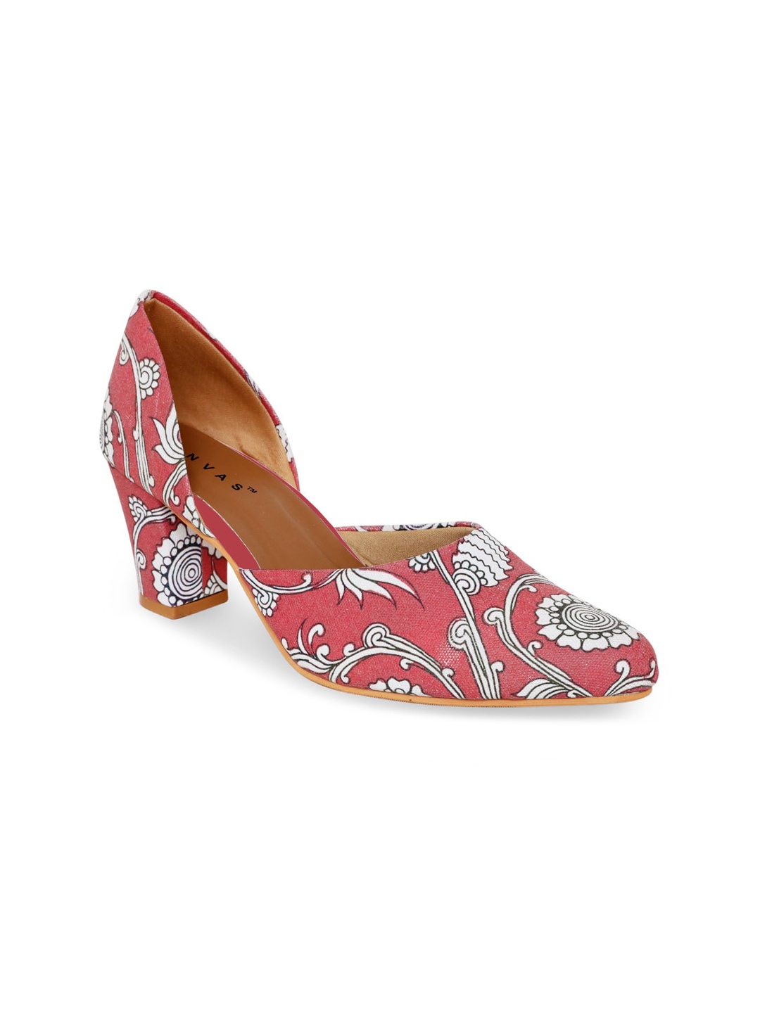 

Kanvas Floral Printed Pointed Toe Closed Back Block Pumps, Red