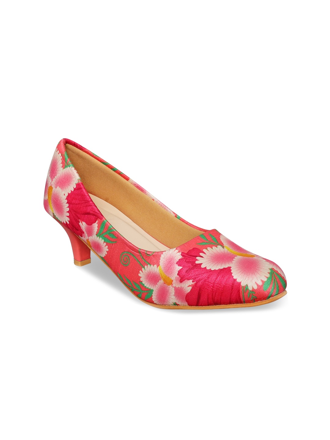 

Kanvas Floral Printed Round Toe Closed Back Kitten Pumps, Pink
