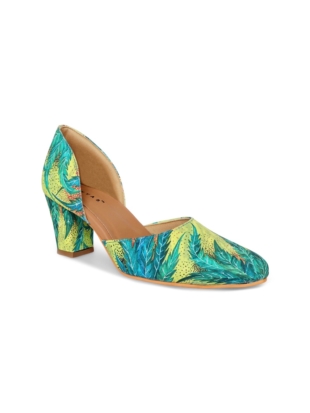 

Kanvas Floral Printed Pointed Toe Closed Back Block Pumps, Green