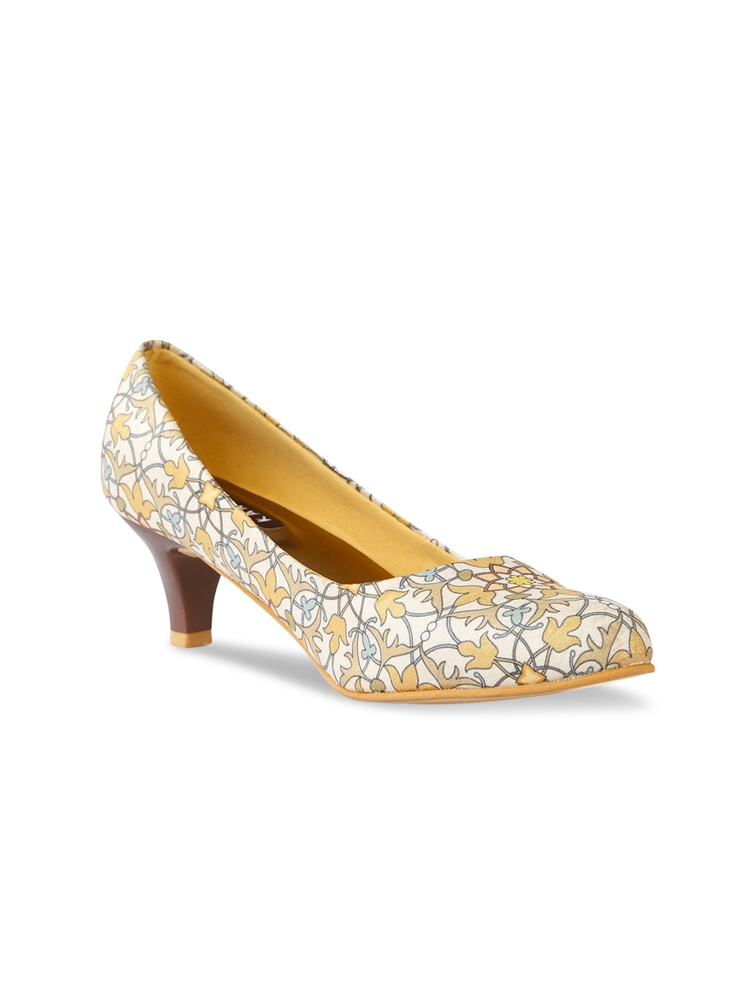 

Kanvas Printed Pointed Toe Closed Back Kitten Pumps, Off white