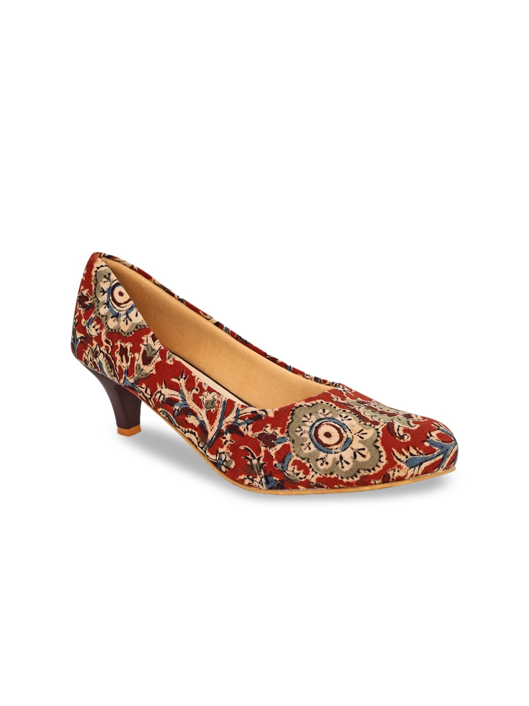 

Kanvas Printed Pointed Toe Closed Back Kitten Pumps, Maroon