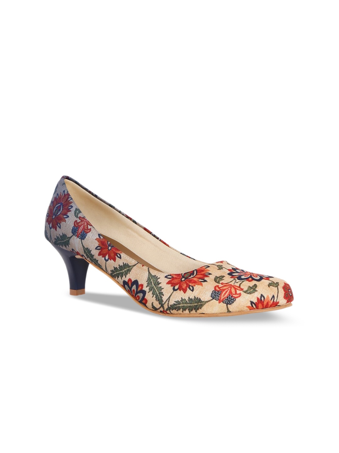 

Kanvas Printed Pointed Toe Closed Back Kitten Pumps, Beige