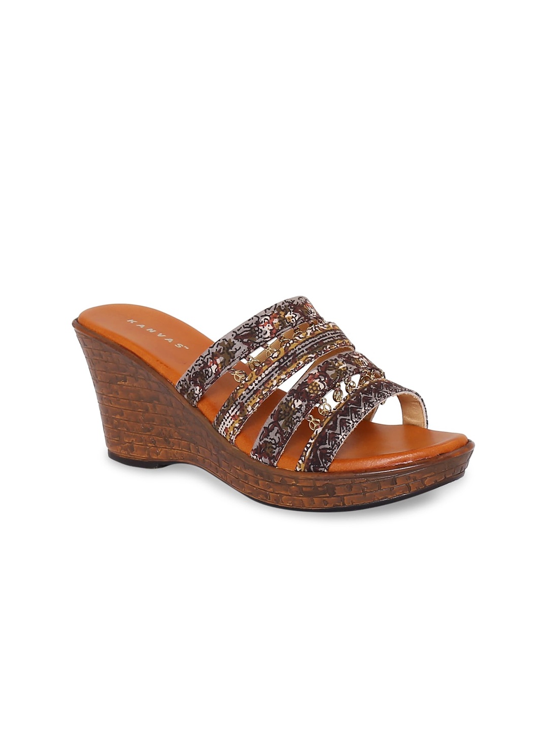 

Kanvas Printed Open Back Wedge Sandals, Brown