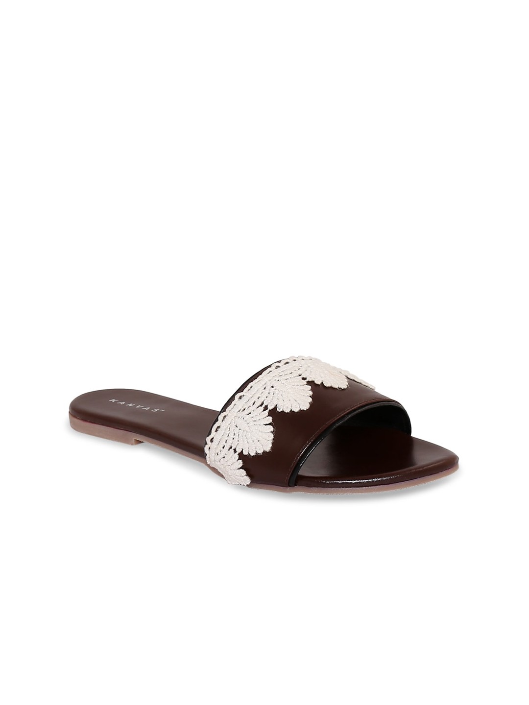 

Kanvas Crochet Work Open Toe Flats, Brown
