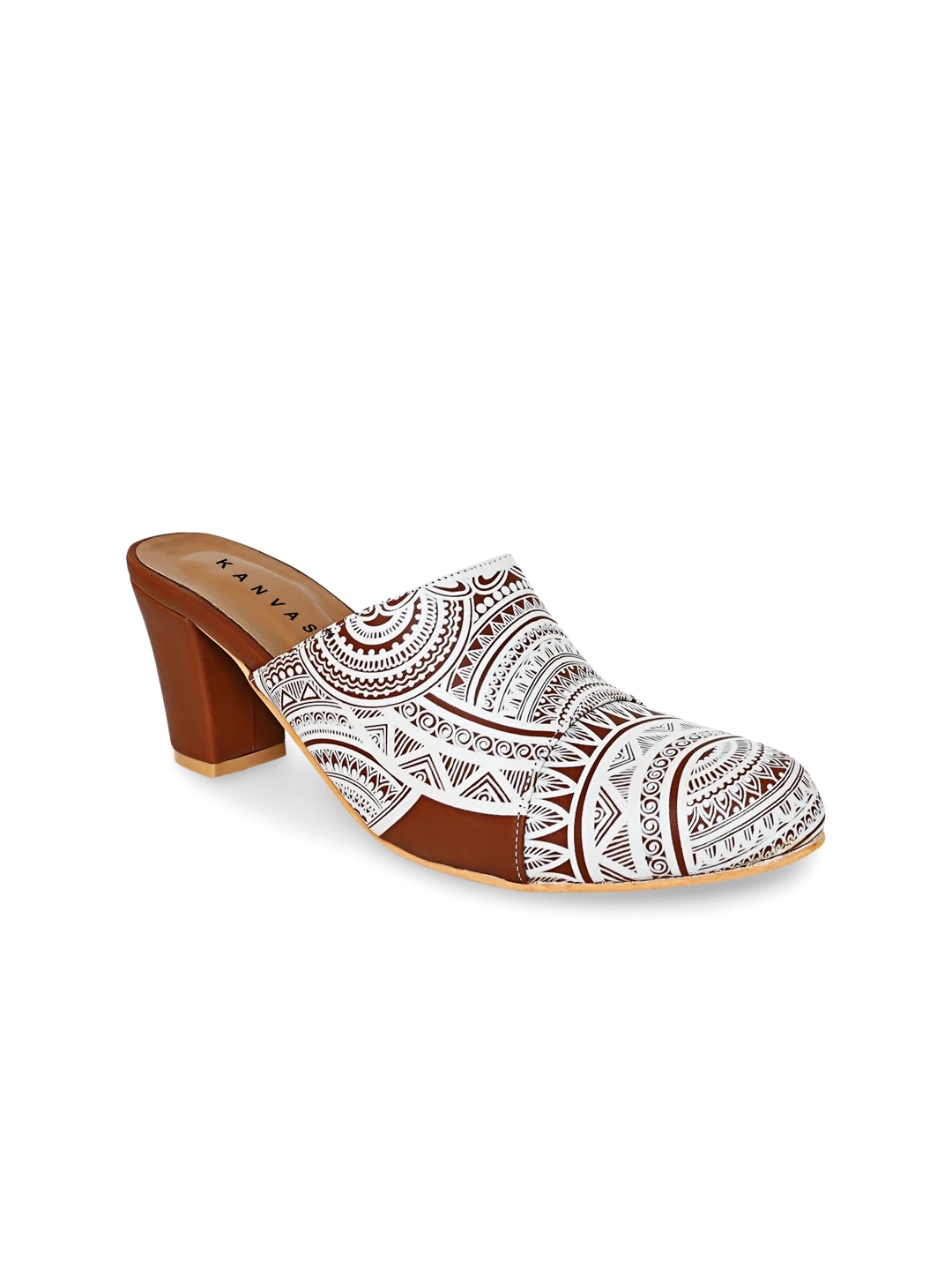 

Kanvas Printed Leather Block Heels Mules, Tan