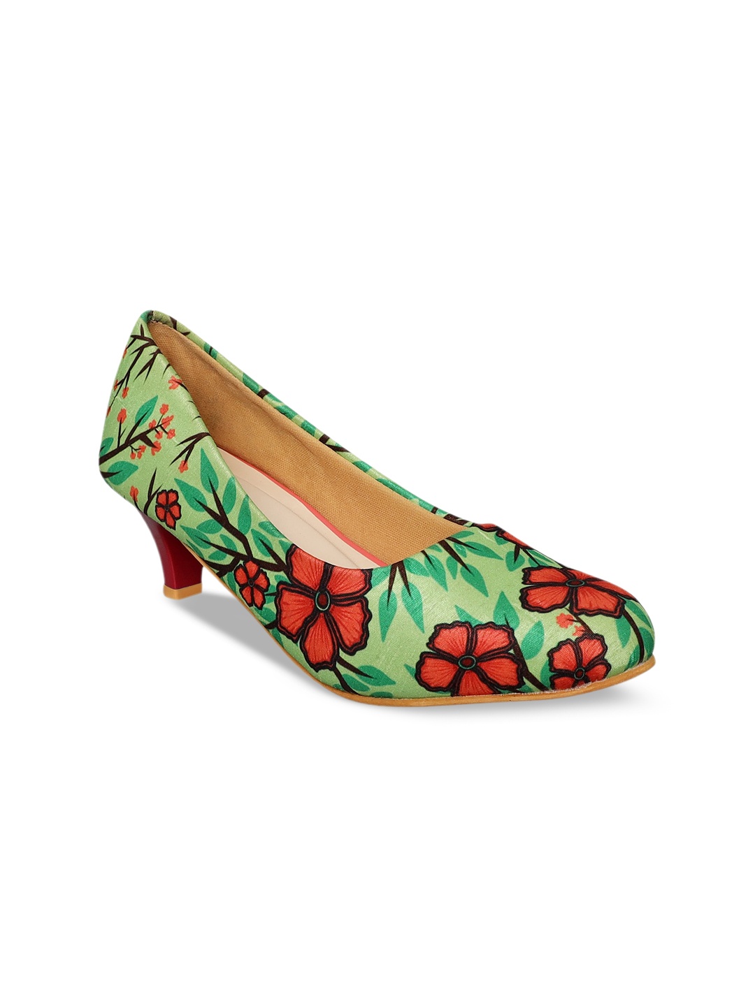 

Kanvas Printed Kitten Heel Pumps, Green