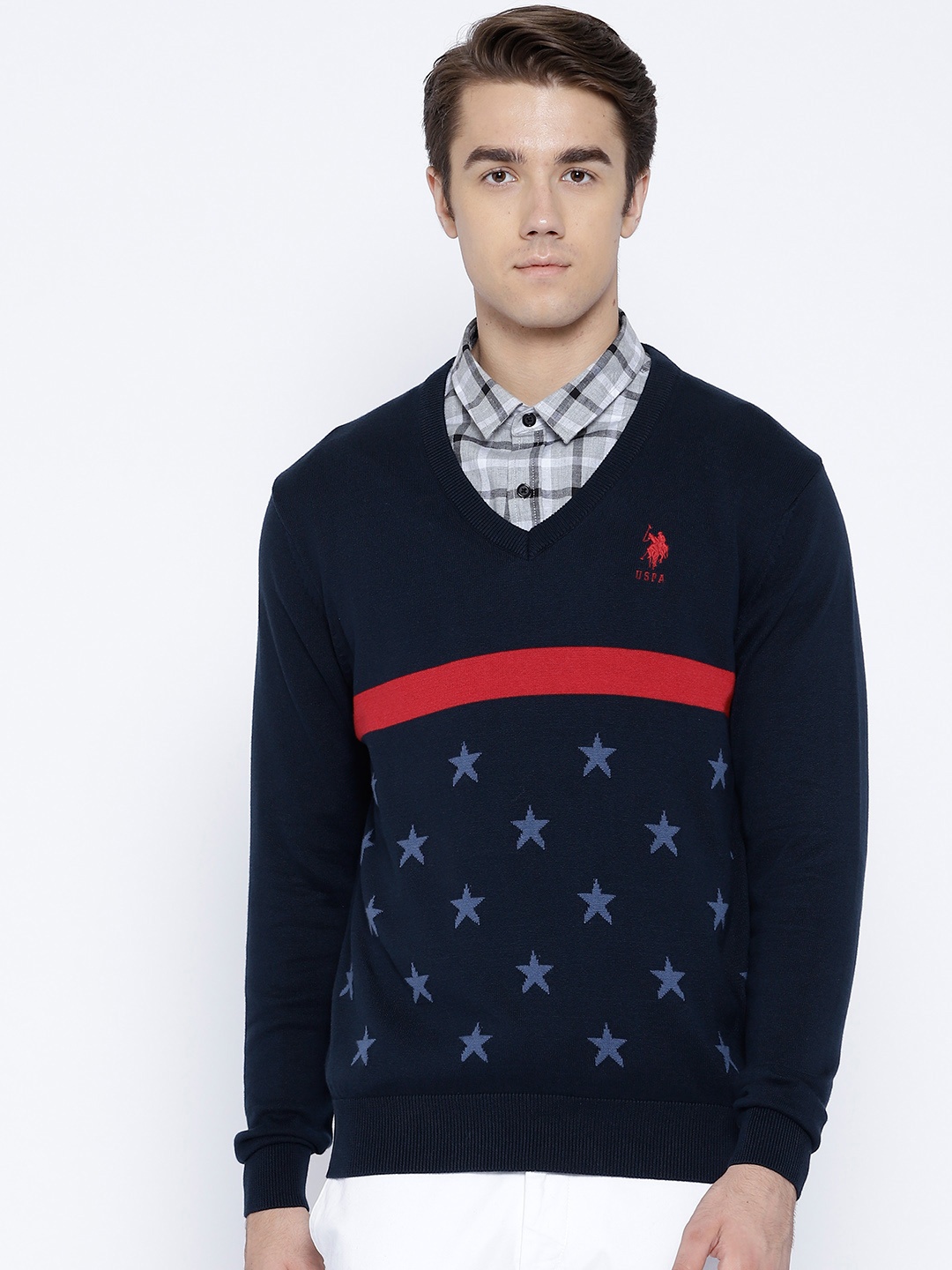 

U.S. Polo Assn. Men Navy Blue & Red Self Design Pullover