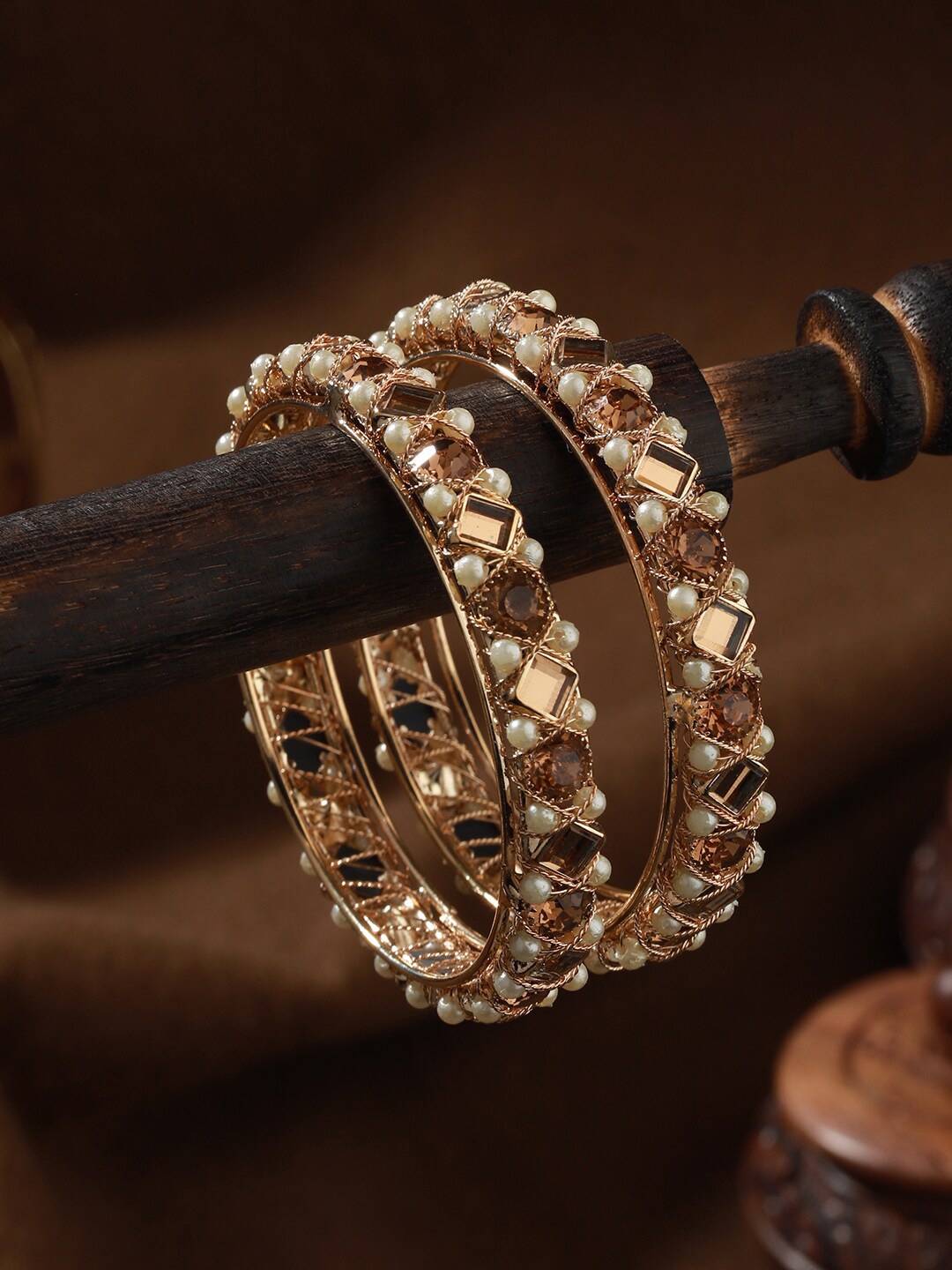 

Jazz and Sizzle Set Of 2 Rose Gold-Plated Crystal Studded & Beaded Bangles